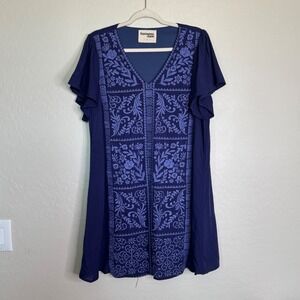 Savanna Jane Womens Rayon Dress L Blue Boho Floral Embroidered Boho Festival